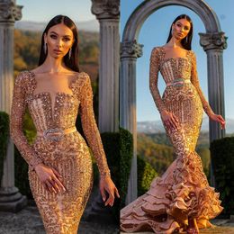 Modest Vlorakaltrina Mermaid Evening Dresses Square Long Sleeve Sash Sequins Crystal Ruffles Formal Dresses Sweep Train Party Gowns