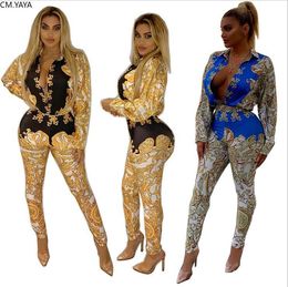 Women Autumn Street Full Sleeve Print bodysuit & pants suit two piece set Casual Sexy Fashion tracksuit outfit