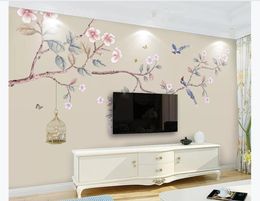 Customized 3D photo mural wall paper New Chinese style hand-painted flowers and birds HD living room TV background wall painting decoration