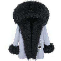 Warm coats maomaokong brand Black Mongolia sheep fur trim Placket black rabbit fur liner grey long parka cuff fur