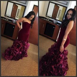 2019 Strapless Mermaid Prom Dresses Burgundy Satin Zipper Back Cocktail Party Gowns Button Tiered Skirts Formal Evening Dresses Custom Made