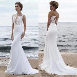 2020 Beach Wedding Dresses Chiffon Boho Lace Applique Mermaid Covered Buttons Back Sweep Train Bateau Neckline Illusion Wedding Bridal Gown