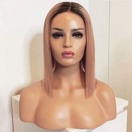 Hot Popular Natural Looking Ombe Pink Short Bob Middle Part Synthetic Wigs with baby hair Lace Front Wigs for American Black Women