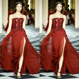 Zuhair Murad Strapless Prom Dresses Sexy Side Split Crystals Sequins Chiffon Evening Party Gowns Arabic Dubai Cocktail Dress robes de soirée