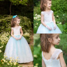 2020 Cute Flower Girls Dresses Jewel Short Sleeve Appliques Rhinestone Lace A Line Prom Dresses Knee Length Kids Formal Wear