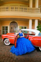 Royal Blue V-neck Princess 2020 Quinceanera Dresses Ruffles Lace Beaded Lace-up Tulle Tiered Ball Gown Prom Sweet 16 Dress Party Gowns Cheap