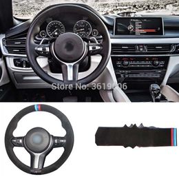 smRKE DIY Steering Wheel Cover Black Suede Red Blue Thread Hand Sewing For BMW M6 F85 X5 F86 X6 M M2 M3 M4 M5 F33 428I E90 F30