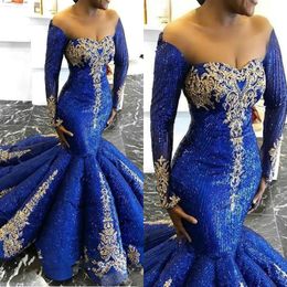 Royal Blue Mermaid Prom Dresses 2019 Long Sleeve Evening Gowns Plus Size Lace Applique Ruffle Beads robes de soirée Special Occasion Dress
