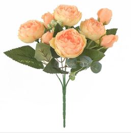 結婚式の装飾的な花マルチカラー9頭の芽コア牡丹シルクローズウェディングブーケ卸売造花
