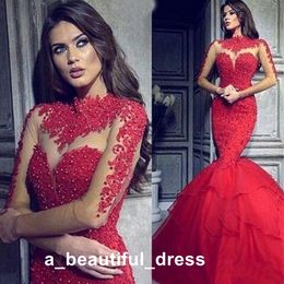 Sexy Illusion Long Sleeves Red Evening Dresses Arabic Mermaid High Neck with Appliqued Beaded Long Ruched Formal Party Gowns ED1286