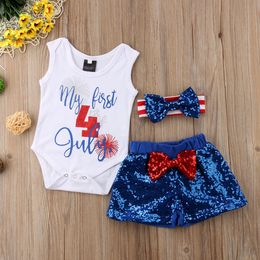 Infant Girls Independence Day Outfits Love Tops Baseball shorts hair bow 3pcs Suits Summer Romper sequin Shorts headband Clothing Sets Y2263