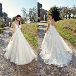 Eddy K 2020 A Line Country Wedding Dresses Sheer Neck Summer Bohemian Lace Appliques Sexy Backless with Buttons Boho Bridal Gowns