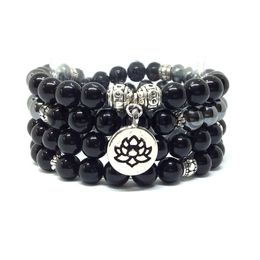 MG0659 A Grade Black Onyx 108 Mala Bracelet 4 Wrap Hematite Women`s Yoga Mala Beads Bracelet Natural Gemstone Lotus Charm Bracelet