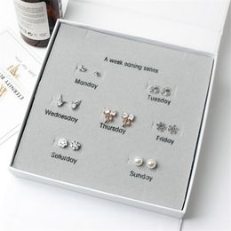 Fashion- ONE Week 7 Pairs/Set Silve Small Stud Earring Set Women Mother's Day Simple Fashion Gift Earring Bijoux Earrings Set Box