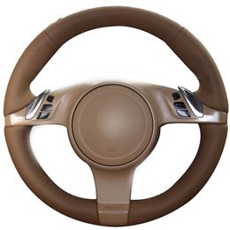 Dark Brown Natural Leather Car Steering Wheel Cover for Porsche Cayenne Panamera 2010 2011