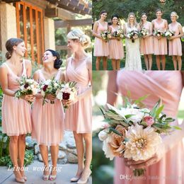 2019 New Arrival Country Style Flow Chiffon Bridesmaid Dress Cheap Pink V-neck Backless Ruched Maid of Honor Gown Plus Size Custom Made