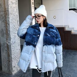 Puffer Cotton Padded Single Breasted Tie Dye Denim Warm Jacket Winter Thick Windbreaker Coat Streetwear Harajuku Fashion Women