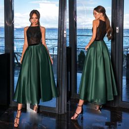 Green Tea Length Cocktail Party Dresses With Ruffle See Through Lace Prom Evening Gowns Sleeveless Zipper Back Special Occasion Dress