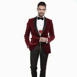 New Fantastic Style One Button Dark red Velvet Wedding Groom Tuxedos Shawl Lapel Groomsmen Mens Dinner Blazer Suits (Jacket+Pants+Tie) 286