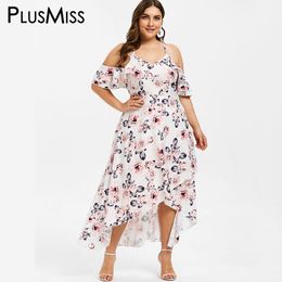 PlusMiss Plus Size 5XL Cold Shoulder Floral Printed Maxi Long Dress Women XXXXL XXXL Big Size Ruffle Beach Boho Tropical Dresses