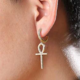 iced out mini hoop ankh cross dangle earrings men women hip hop luxury designer bling diamond christian dangling earring lover hoops huggie