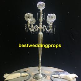 decoration New style Wedding Centerpieces Crystal Candelabra Pillar Candle Holder Set with glass bead Gold Metal CandleHolder best01053