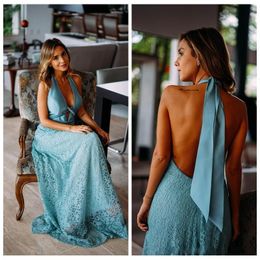 Sexy Halter Neck Lace A-Line Prom Dresses Sexy Backless Sweep Train Long Vestidos Evening Party Gowns Formal Dress ogstuff robe