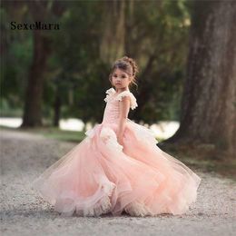 Light Pink Puffy Tulle Girls Dress for Wedding Cross Back cross Straps Lace Edge Girls Pageant Dress Birthday Gown Custom Made Size
