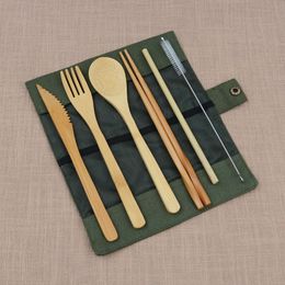 Bamboo Cutlery Set 7PCS/SET Portable Flatware Set Knife Chopsticks Fork Spoon Dinnerware Sets Outdoor Travel Student Tableware GGA2394