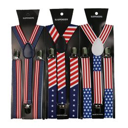 1inch wide USA America Flag Pattern Suspender Unisex Clip-on Star Braces Elastic Slim Suspenders Mens Womens