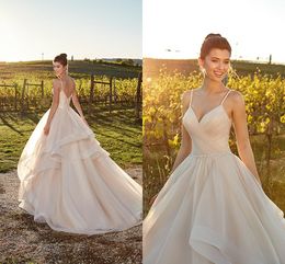 2019 Straps Spaghetti Deep V Neck Wedding Dresses A Line Tulle Sexy Backless Ruched Summer Beach Bridal Gowns Cheap Wedding Gowns