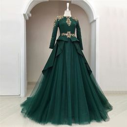 dark Green Muslim Evening Dresses crew 2019 A-line Long Sleeves Tulle gold Lace Crystals Islamic Dubai Saudi Arabic Long Evening Gown