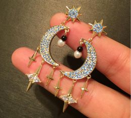 Fashion-Women Star Earrings Long Tassel Moon Blue Temperament Fairy S925 Silver Pin Ear Accessories