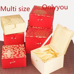 Multi size Square Cotton Filled Jewellery Wooden Box Large Gift Packing Chinese Silk Brocade Box Luxury Collection Decorative Storage Boxes