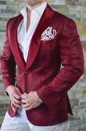 Men Suits Dark Red Patternwith White Groom Tuxedos Shawl Satin Lapel Groomsmen Wedding Best Man 2 Pieces ( Jacket+Pants+Tie ) L492