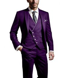 Fashion Purple Groom Tuxedos Peak Lapel Groomsmen Mens Wedding Dress Popular Man Jacket Blazer 3 Piece Suit(Jacket+Pants+Vest+Tie) 984
