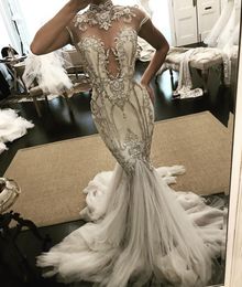 African Mermaid Wedding Dresses 2019 Plus Size High Neck Crystal Bridal Gowns Appliques Floor Length Wedding Dress