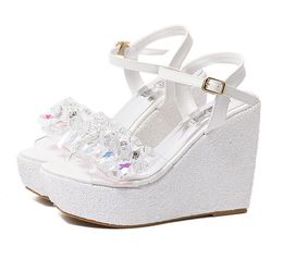 Blue and White Strappy Platform sparkly wedge heels with Peep Toe - Sexy Cross Design for Bridesmaids (Size 34-39)