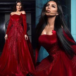 Dark Red Velvet Prom Dresses Lace Sequined Off Shoulder Long Sleeve Arabic Evening Gowns Plus Size Vestidos Longo