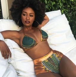 2019 New African Print Two-Pieces Bath Suits Bikini Set Sexy Geometric Swimwear Swimsuit Gold High Waist Swimming Suit