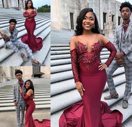African Girls Prom Dress Burgundy Mermaid Long Sleeve Formal Pageant Holidays Wear Graduation Evening Party Gown Custom Made Plus Size