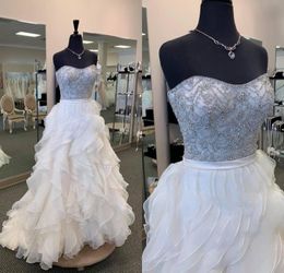 Bohemian A Line Luxury Wedding Dresses Tulle Lace Crystal Tiers Formal Dress Strapless Sleeveless Sweep Train Bridal Gowns