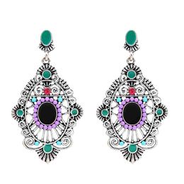 Fashion vintage Turkish geometric Colourful gems ancient gold silver delicate diamond ladies earrings bohemian Jewellery