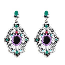 Fashion vintage Turkish geometric colorful gems ancient gold silver delicate diamond ladies earrings bohemian jewelry