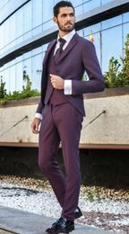 Handsome Burgundy Groom Tuxedos Peak Lapel Groomsmen Mens Wedding Dress Fashion Man Jacket Blazer 3Piece Suit(Jacket+Pants+Vest+Tie) 802