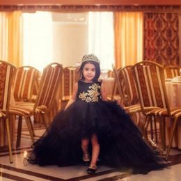 2020 Modern Black Ball Gown Hi Lo Girls Graduation Dresses Gold Embroidery Bateau U Open Back Pageant Flower Girl Dresses First Co276N