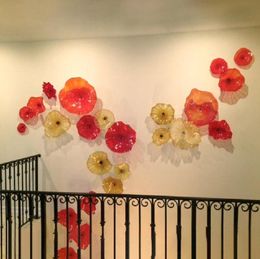 Modern Glass Flower Wall Art Murano Glass Plates Red Amber Colors Hotel Wall Decor Glass Art Plates