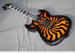 Double Cutaway Wylde Audio Barbarian HellFire Orange Black Buzzsaw Quilted Maple Top SG Electric Guitar Large Block Inlay, Black Hardware