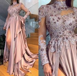2020 Arabic Aso Ebi Beaded Appliques High Neck Long Sleeves Prom Dresses Sexy Dusty Pink Split Ruffles Formal Evening Gowns Wear P317q