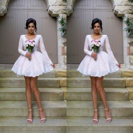 Abiti da sposa corti sexy 2019 con maniche lunghe trasparenti Una linea Appliqued pizzo bianco rosa sotto abiti da sposa da spiaggia country